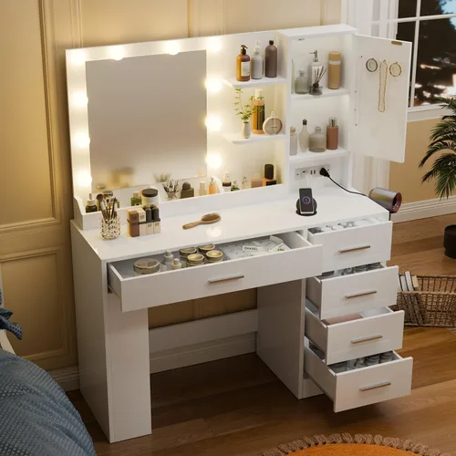 Miniatura 8 de Escritorio de maquillaje de 37 pulgadas con espejo y luces, mesa de tocador de maquillaje con 5 cajones, armario de almacenamiento grande y 4