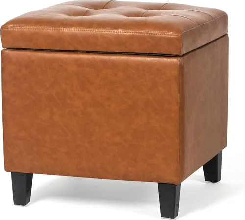 Miniatura 22 de Adeco Otomana moderna de cuero con ruedas, otomana cuadrada negra rodante de 18.8" con almacenamiento, taburete de tocador tapizado acolchado