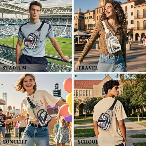 Miniatura 9 de Bolsa transparente para eventos en estadios, mochila transparente para mujer, impermeable, de PVC, cangurera cruzada para conciertos Negro