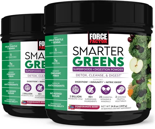Force Factor Smarter Greens Superfoods en polvo para apoyar la digestión, la salud intestinal, la hinchazón, polvo de verduras con probióticos,