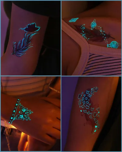 Miniatura 4 de 20 hojas de tatuajes temporales de mariposa que brillan en la oscuridad para mujeres, flores luminosas, mariposas, alas de tatuaje, calcomanías