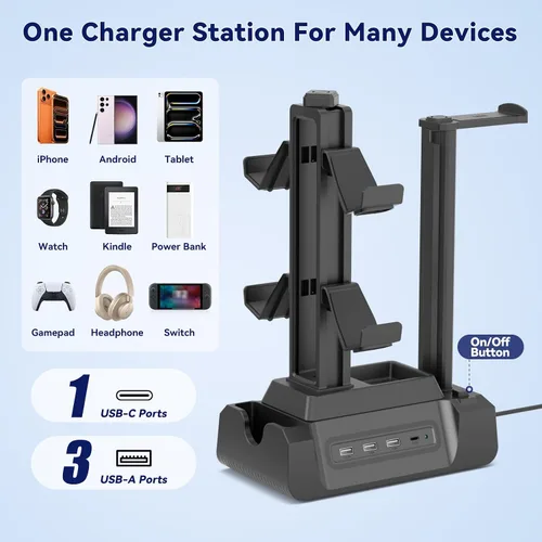 Miniatura 2 de KDD Estación de carga para múltiples dispositivos - Base de carga de 4 puertos con controlador y soporte para auriculares - 3 USB A y 1 USB C