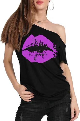 Miniatura 59 de MAGICMK - Camiseta casual para mujer, con estampado de labios y hombro descubierto, talla extragrande