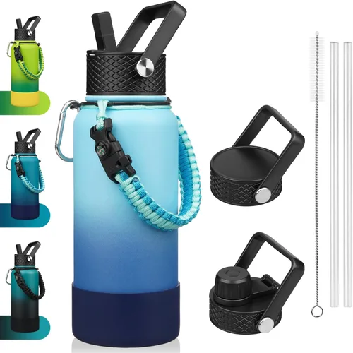 Miniatura 30 de BJPKPK - Botella de agua con tapa de popote, botellas de agua aisladas de 18 onzas con 3 tapas, asa de cuerda de paracaídas y base antideslizante