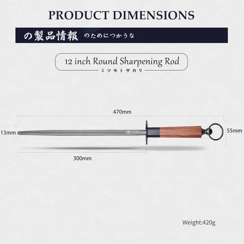 Miniatura 3 de MITSUMOTO SAKARI Varilla de acero para afilar cuchillos redondos de 12 pulgadas, acero de alto carbono recubierto de diamante con mango