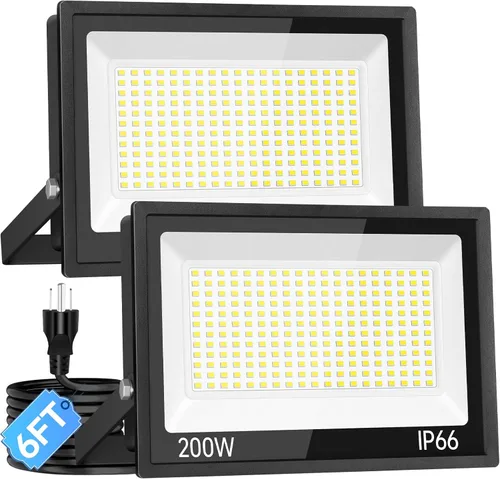 Luz de inundación LED de 200 W para exteriores con enchufe+cable de 10 pies, luz de seguridad súper brillante de 24000 lúmenes, luz de trabajo LED