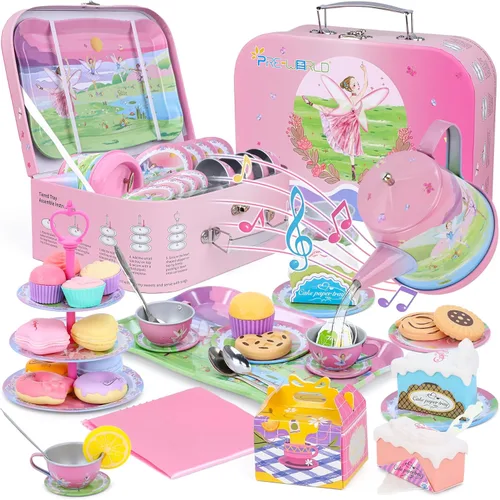 Miniatura 10 de PRE-WORLD Juego de fiesta de té para niñas pequeñas, 46 piezas de juguetes de princesa para la hora del té, incluyendo postre, galletas, dona