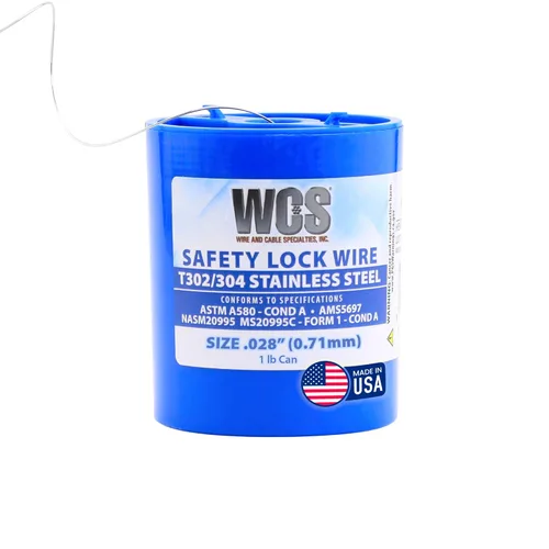 Alambre de bloqueo, T302/304 de acero inoxidable, NASM20995, MS20995C, ASTM A580 Cond A, AMS5697,.028 pulg (0.71 mm), Lata dispensadora de 1 lb