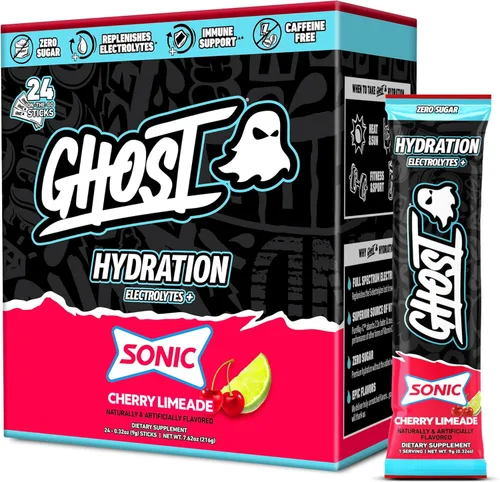 GHOST Paquetes de Hidratación, Sonic Cherry Limeade, 24 Palitos, Polvo de Electrolitos - Suplemento de Mezcla para Bebida con Magnesio, Potasio,