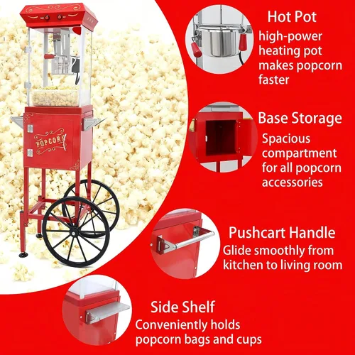 Miniatura 4 de Máquina de palomitas de maíz con carrito y ruedas de 8 onzas, máquina de maíz con hervidor de acero inoxidable, máquina para hacer palomitas de maíz