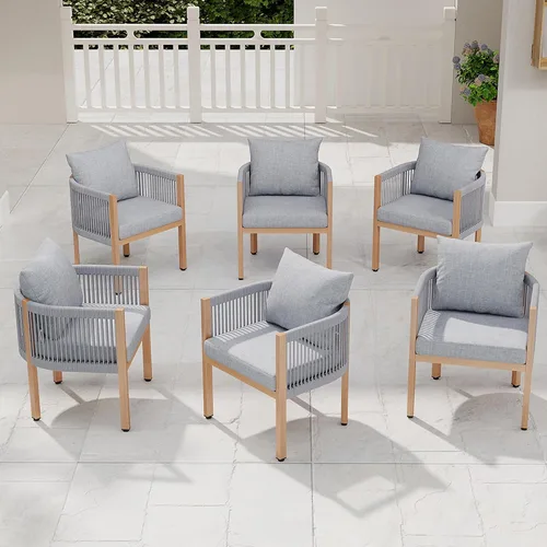 Miniatura 11 de Juego de 2 sillas de comedor al aire libre, juego de muebles de patio de mimbre con reposabrazos, respaldo acolchado, sillas de comedor de barril
