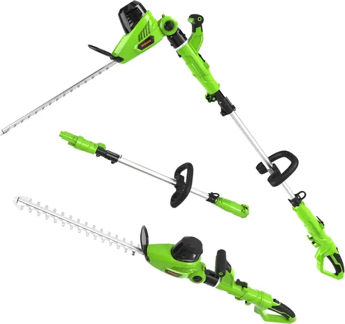 GARCARE Cortasetos eléctrico de pértiga 2 en 1, cortasetos eléctrico con hoja de corte láser de doble acción de 18 pulgadas y cabezal de corte