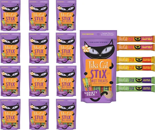 Tiki Cat Stix - Golosinas húmedas sin granos, mezcla suave y sedosa en salsa cremosa, pollo, salmón y pato con toallitas para mascotas de 10 unidades