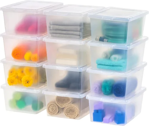 IRIS USA Paquete de 12 contenedores de almacenamiento con tapas, 17 cuartos de galón, cajas de zapatos, contenedores transparentes apilables para