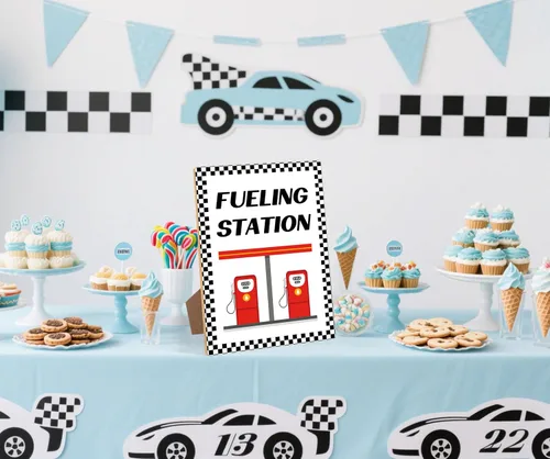 Miniatura 4 de Decoraciones de fiesta de cumpleaños de coche de carreras, letrero de estación de combustible, decoraciones de cumpleaños rápidos uno y dos, placa