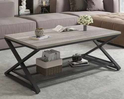 Miniatura 3 de LVB Mesa de Centro Gris, Mesa Central de Madera y Metal Estilo Granja con Almacenamiento para Sala de Estar, Mesa de Cóctel y Té Rectangular