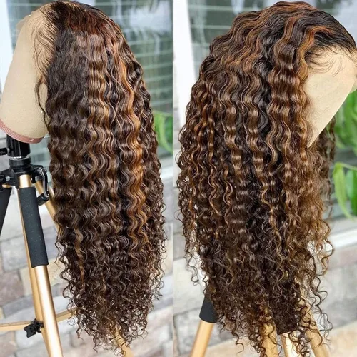 Miniatura 2 de Pelucas de cabello humano con reflejos sin pegamento Wear and Go, encaje frontal, estilo Bob, ondulado profundo #4/27, pelucas de color ombré
