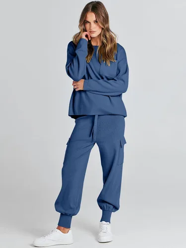 Miniatura 8 de Caracilia Conjuntos de dos piezas para mujer, conjuntos de suéter de manga larga, tops de punto a juego, pantalones deportivos tipo cargo a juego