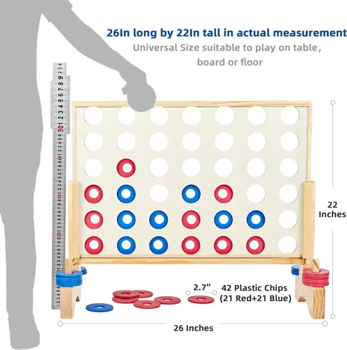 Miniatura 2 de Juego gigante de madera 4 en fila de 2.8 pies, juego de mesa gigante para interiores y exteriores para adolescentes, incluye 42 fichas y bolsa