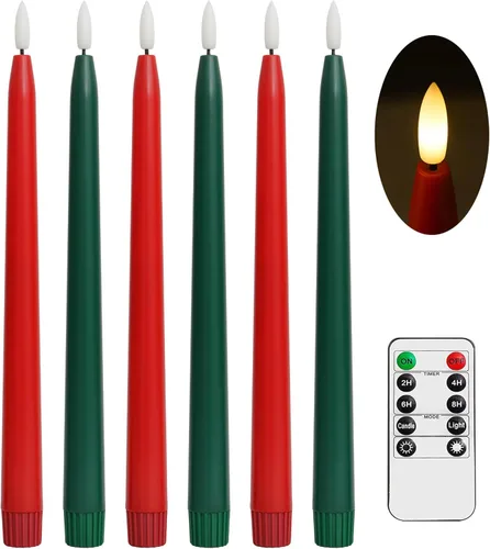 Stmarry - Velas cónicas sin llama verdes y rojas con control remoto - Velas LED de 11 pulgadas con pilas, llama 3D realista con mecha, temporizador,