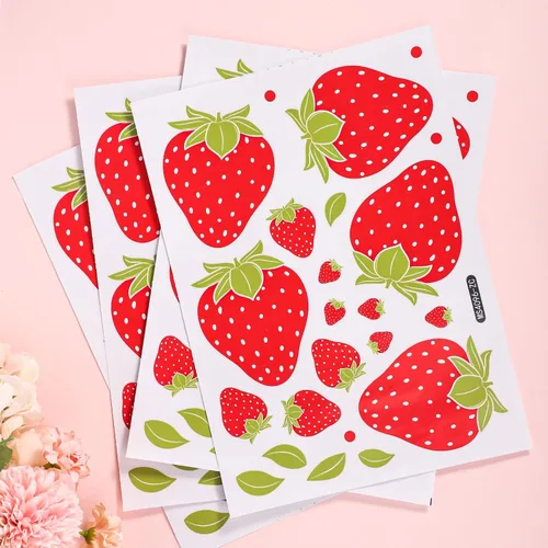 Miniatura 3 de 4 hojas/92 calcomanías de pared de fresa, calcomanías de pared de frutas extraíbles para dormitorio de niñas, dormitorio, comedor, cocina, baño