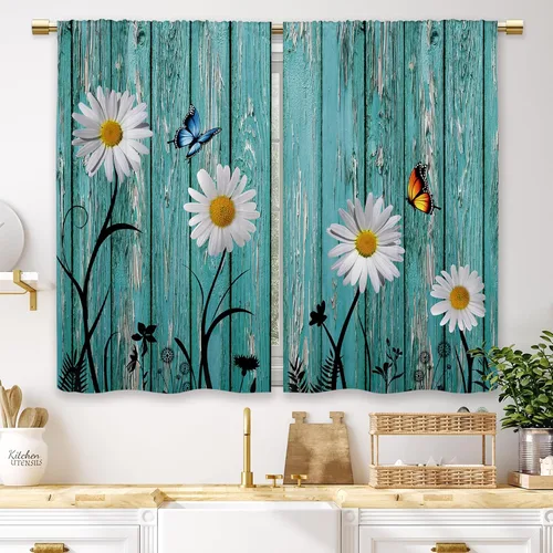 Miniatura 21 de Cortinas de Cocina de Girasol Estilo Granja, Cortinas de Ventana Cortas Pequeñas de Café con Flores Rústicas Florales del Campo, Cortinas de Ventana