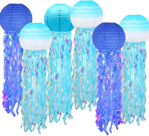 6 paquetes de linternas de papel de medusa con deseos de sirena colgantes, tema de cielo azul degradado y océano azul, suministros de fiesta,
