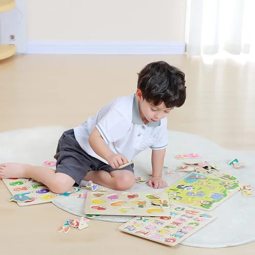Miniatura 3 de GRINNNIE - Rompecabezas de madera para niños pequeños de 3, 4, 5 años, juego de 4 rompecabezas de aprendizaje educativo Montessori, números, letras