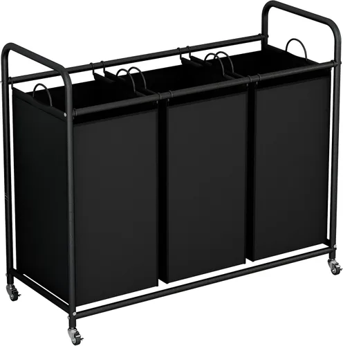 Miniatura 8 de LINZINAR Cesta de lavandería de 3 bolsas para organizar la lavandería, con ruedas enrollables y bolsas extraíbles (negro)