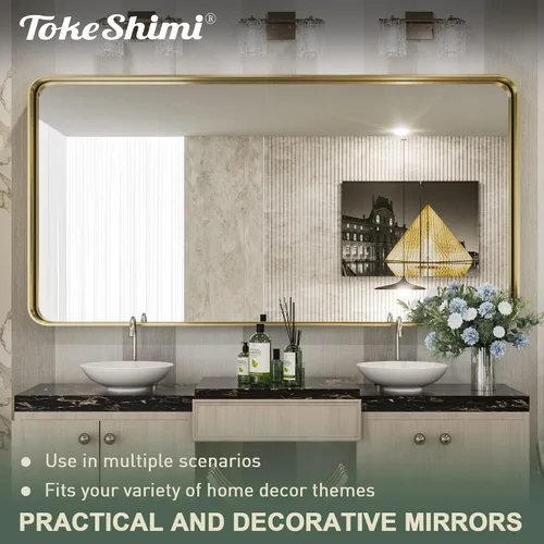 Miniatura 7 de TokeShimi - Espejo rectangular para tocador de baño de 60 x 30 pulgadas con marco de metal mate color dorado cepillado para pared, sin oxidación
