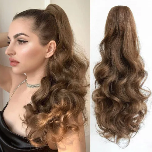 Miniatura 24 de Extensión de cola de caballo ondulada y rizada de 20 pulgadas de largo, peluca sintética de cola de caballo falsa con clip, extensiones de cabello