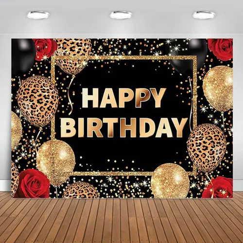 Miniatura 6 de Telón de fondo de feliz cumpleaños con estampado de leopardo negro y dorado, globos de guepardo, fondo de fotografía de rosa roja, para mujeres