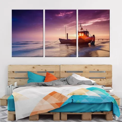 Miniatura 3 de BANHUA1 3 paneles de lienzo con diseño de puesta de sol de mar, arte de pared para decoración del hogar, velero, pintura de pared, impresión sobre