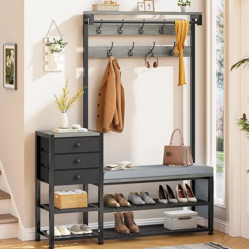Itaar Perchero, árbol de pasillo con banco y almacenamiento de zapatos, banco de entrada 7 en 1 con cojín suave, bolsa de almacenamiento, 3 cajones