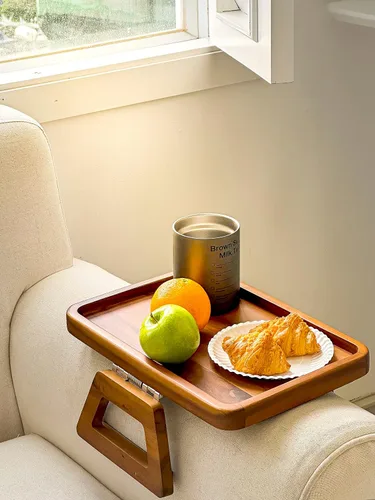 Miniatura 6 de Tinamo Mesa de brazo de acacia de 13.75 x 9.5 pulgadas, bandeja de brazo de sofá de madera, mesa de reposabrazos para sofá, bandeja de reposabrazos