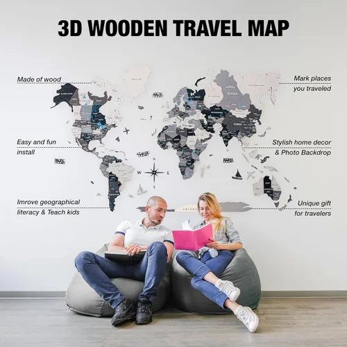 Miniatura 6 de Arte de pared de madera 3D hecho a mano con mapa del mundo, decoración de pared grande, rastrea tus viajes por el mundo, especial para el hogar