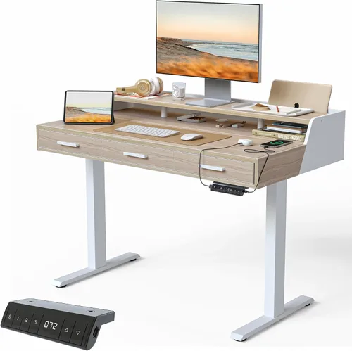 FEZIBO Escritorio Eléctrico de Pie con Cajones, Escritorio de Pie de 48x24 Pulgadas de Altura Ajustable, Escritorio de Pie con Estante para Monitor,