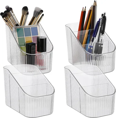 4 Pcs 3 Slot Makeup Brush Holder, Vintage striped Make Up Brush Holder Cosmetic Brushes Container Cosmetic Display Case for Vanity Decor Perfume