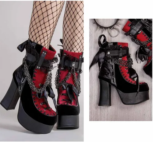 Miniatura 6 de MSYINGL Botas de plataforma para mujer, botas de tobillo gruesas con cremallera lateral, con cadena y corbatín, botas góticas punk de moda