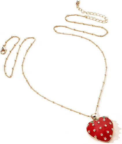 XUN Zhe Collar con colgante de fresa roja esmaltada, lindo collar de clavícula de aceite de fruta de fresa, joyería para mujeres, adolescentes y
