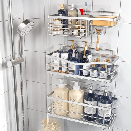 Miniatura 8 de Youvip Organizador de ducha adhesivo sin taladro, organizador de baño con soporte para jabón, estantes inoxidables de gran capacidad para ducha