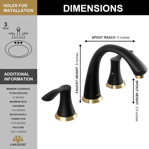 Miniatura 4 de Grifo de Baño Negro y Dorado de 3 Orificios, Lava Odoro Grifo de Baño Extendido de 8 Pulgadas con 2 Manijas, Grifo de Lavabo de Baño, Grifo de Oro