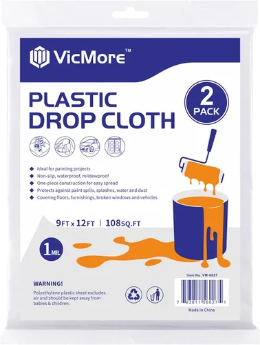 VICMORE Paquete de 2 paños de plástico de 9 pies por 12 pies, cubierta de piso de pintura de plástico para muebles, cubierta impermeable y