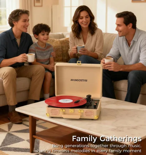 Miniatura 2 de Tocadiscos Bluetooth vintage, tocadiscos portátil de 3 velocidades con altavoces estéreo de graves integrados, fonógrafo de vinilo accionado por