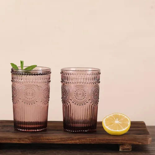Miniatura 7 de Darlion Juego de vasos de vidrio vintage de 4 vasos de 13 oz de alta copa púrpura, vasos de agua con relieve, vasos de vidrio para jugo, cerveza