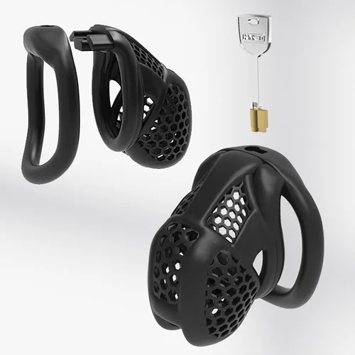 Miniatura 5 de Jaula de castidad rosa, dispositivos de castidad pequeños, jaula para el pene masculino para hombres, jaula plana de plástico BDSM Jaula A601 Anillo