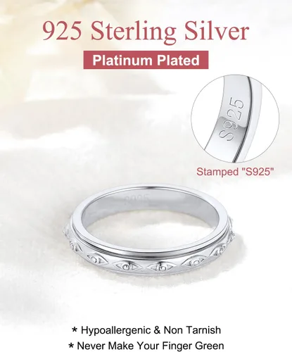 Miniatura 4 de FOCALOOK Anillo giratorio de plata de ley 925 para la ansiedad para mujeres en relieve, mal de ojo/celta, anti estrés, anillo giratorio tamaño 5-12