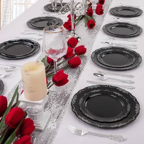 Miniatura 5 de DaYammi 150 platos de plástico negro plateado y cubiertos de plástico plateado, platos desechables de plata negra para incluir 30 platos llanos, 30