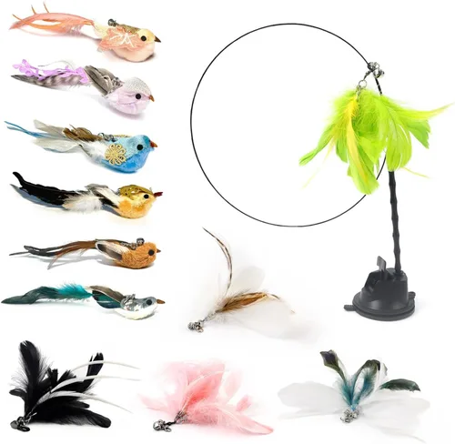 Juego de 12 juguetes interactivos de varita de plumas para gatos, 11 recambios de pájaros y plumas con campanas + varita de succión flexible, diseño