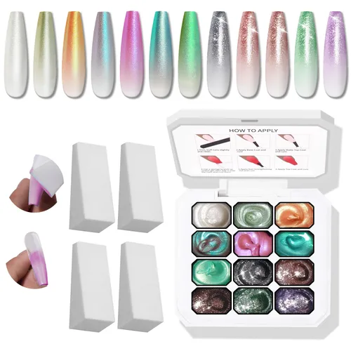 Miniatura 9 de Paleta de Esmalte de Uñas en Gel Sponge Pat, 12 Colores Mezcla Degradado Ombré Gel Polish Pintura Degradada Arte de Uñas, Sin Limpiar, Curado UV/LED